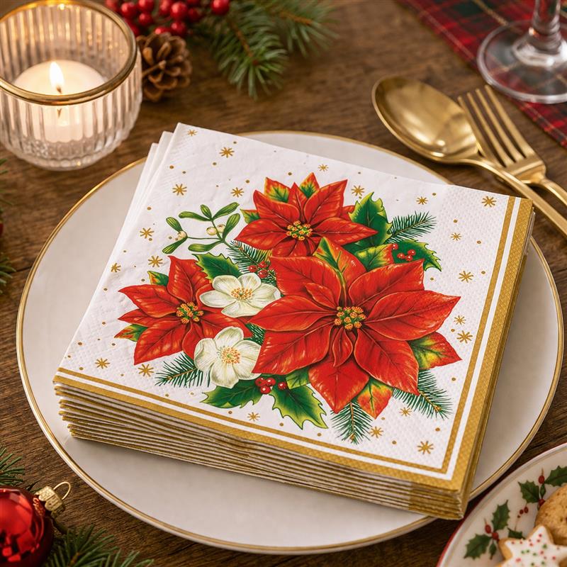 PAPER NAPKINS WHT POINSETTIA