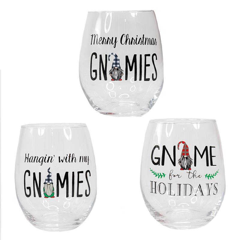 3 Asst. Gnome Wine Glasses
