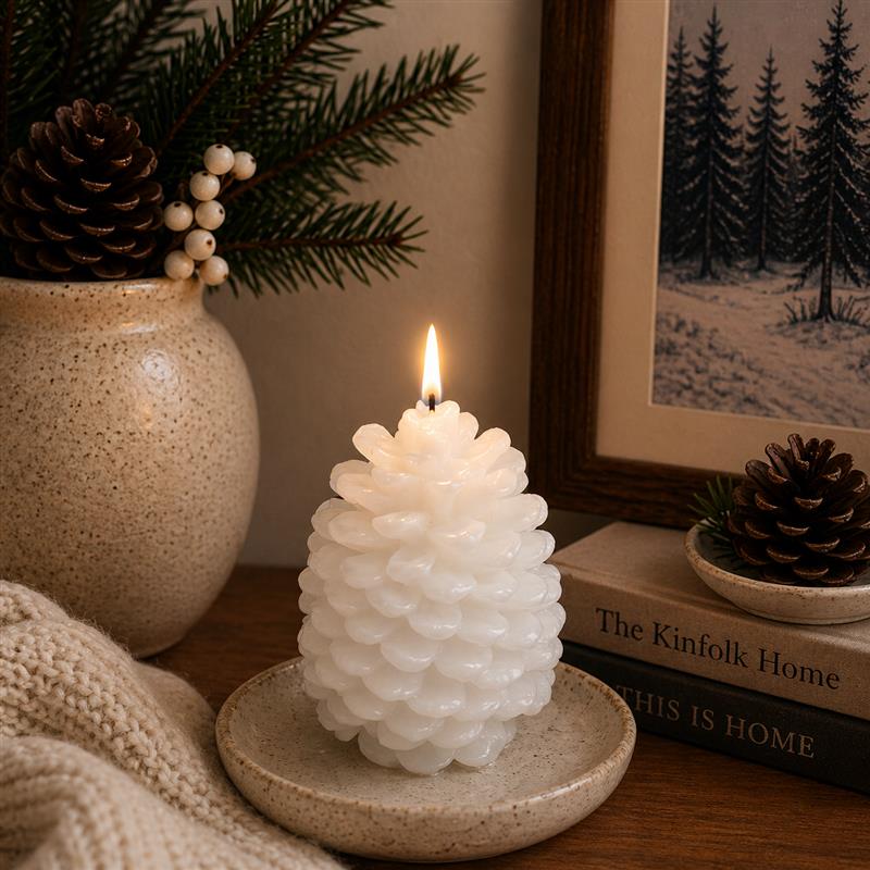 PINE CONE CANDLE WHTE6 INCH