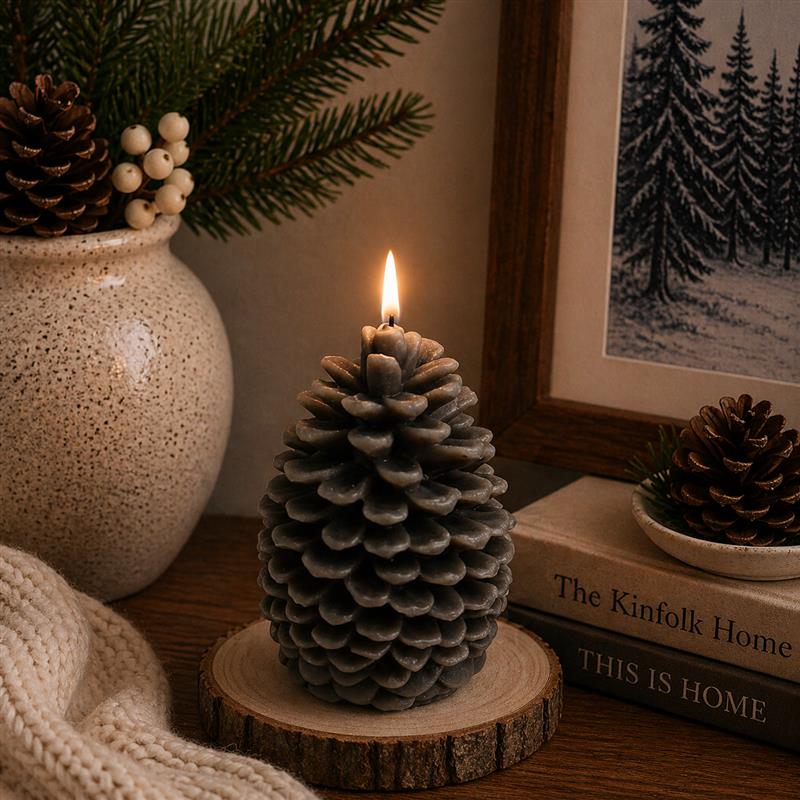 PINE CONE CANDLE BRWN 8 INCH