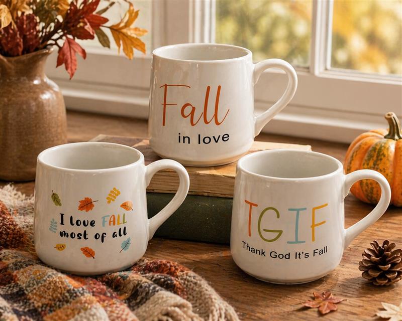 3 Asst. White Fall Mugs
