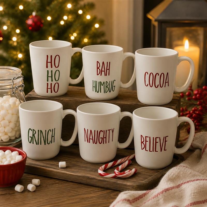 6 Asst Christmas Mugs 16 oz