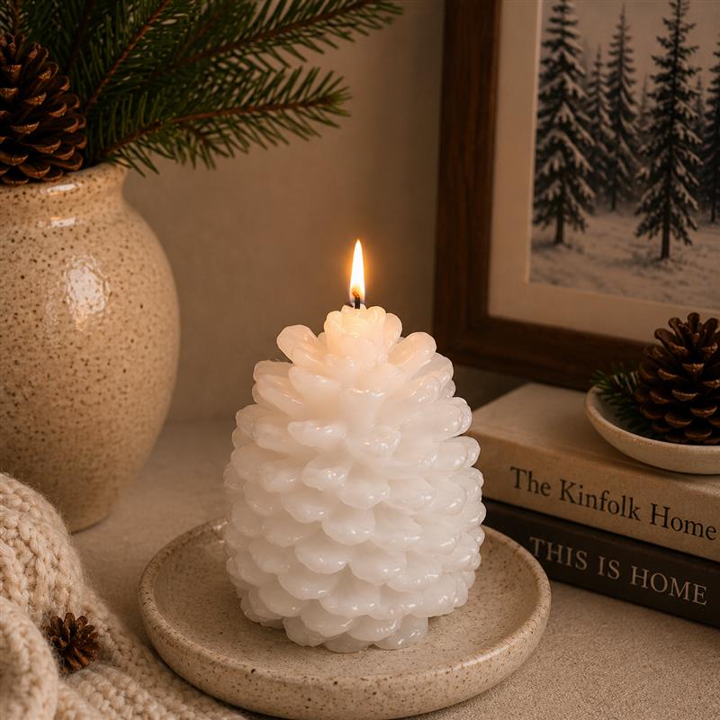 PINE CONE CANDLE WHT 8 INCH